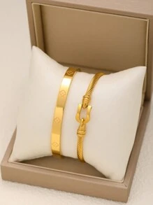 2pcs Stainless Steel Bracelet, Fashionable Minimalist Style For Women