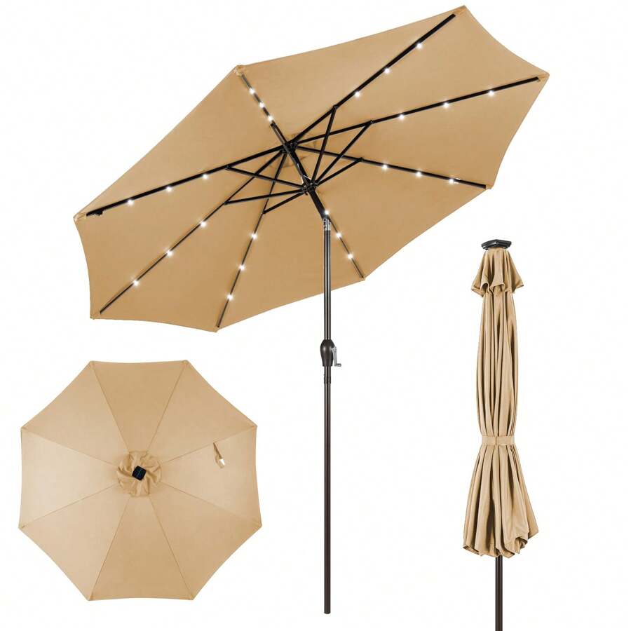 COSTWAY 10FT Patio Solar Umbrella LED Patio Market Steel Tilt W/Crank Outdoor - Beige - View 1