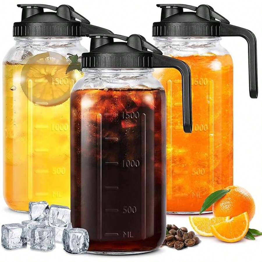 3/2 Pack 64 OZ Mason Jars With Lid, Glass Pitcher Double Leak Proof With Pour Spout Handle, 2 Quart Wide Mouth Breast Milk Pitcher For Fridge, Creamer Container For Coffee, Sun Tea, Juice - 彩色 - 查看 1