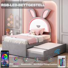 okwish Lit enfant 90 x 200 cm, canapé-lit simple rembourré multifonctionnel en tissu velours avec lit gigogne, tiroirs de rangement et lumière LED à couleur changeante