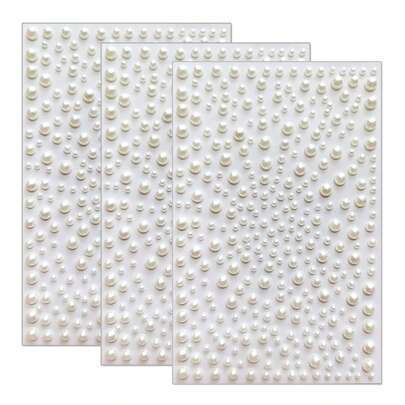 Nayiben 3 Blatt (insgesamt 975 Stück) weiße Perlen & Strass 3mm, 4mm, 5mm, 6mm Kunststoff ABS Perlen Aufkleber 3D Verzierung für Make-up, Haare, Gesicht, Nägel, Dekoration, Geschenke Schulstart