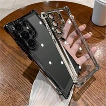 1 Stück schwarze galvanisierte Airbag Sturzsicherungsschale mit integrierter Linsenfolie, transparente Acrylrückwand + TPU Silikon Weichkante PC Hartschale Vollschutz Luxus Handyhülle, staubdichte verdickte Version, kompatibel mit Apple, Galaxy und