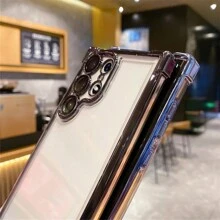 1 Stück schwarze galvanisierte Airbag Sturzsicherungsschale mit integrierter Linsenfolie, transparente Acrylrückwand + TPU Silikon Weichkante PC Hartschale Vollschutz Luxus Handyhülle, staubdichte verdickte Version, kompatibel mit Apple, Galaxy und