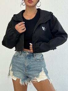 1pc Fashionable Casual Girl Hooded Zip-Up Embroidered Short Jacket - Black - View 6