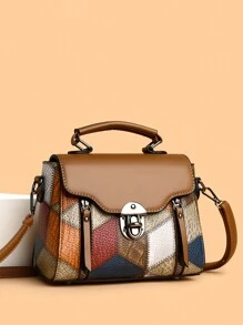 Retro Minimalist Flip-Lock Metal Decor Handbag, Convertible Women Shoulder Crossbody Bag, Vintage Bag For Women