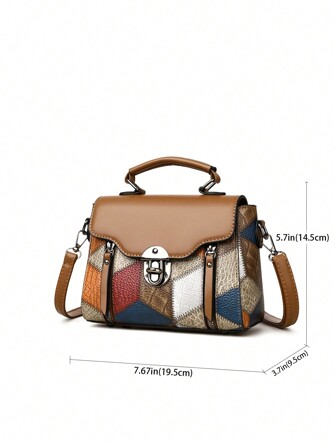 复古简约翻盖锁金属装饰手提包，可转换女士单肩斜挎包