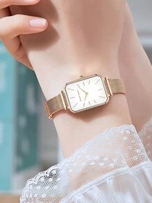 HANNAH MARTIN 1 Đồng hồ vuông thời trang 34mm vàng hồng & bạc & vàng & đen phong cách tối giản nhập khẩu Nhật Bản chính hãng dây đeo lưới thép không gỉ đồng hồ đeo tay thường ngày cho nữ - trắng - Xem 6
