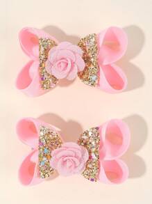 2 Chiếc Nơ Tóc Màu Hồng Cho Bé Gái, Nơ Tóc Glod Lấp Lánh Cho Trẻ Em, Barrette Vải Dễ Thương, Kẹp Tóc Hình Hoa Trang Trí Cho Thanh Thiếu Niên Phụ Kiện Tóc Trẻ Em - Hồng - Xem 1
