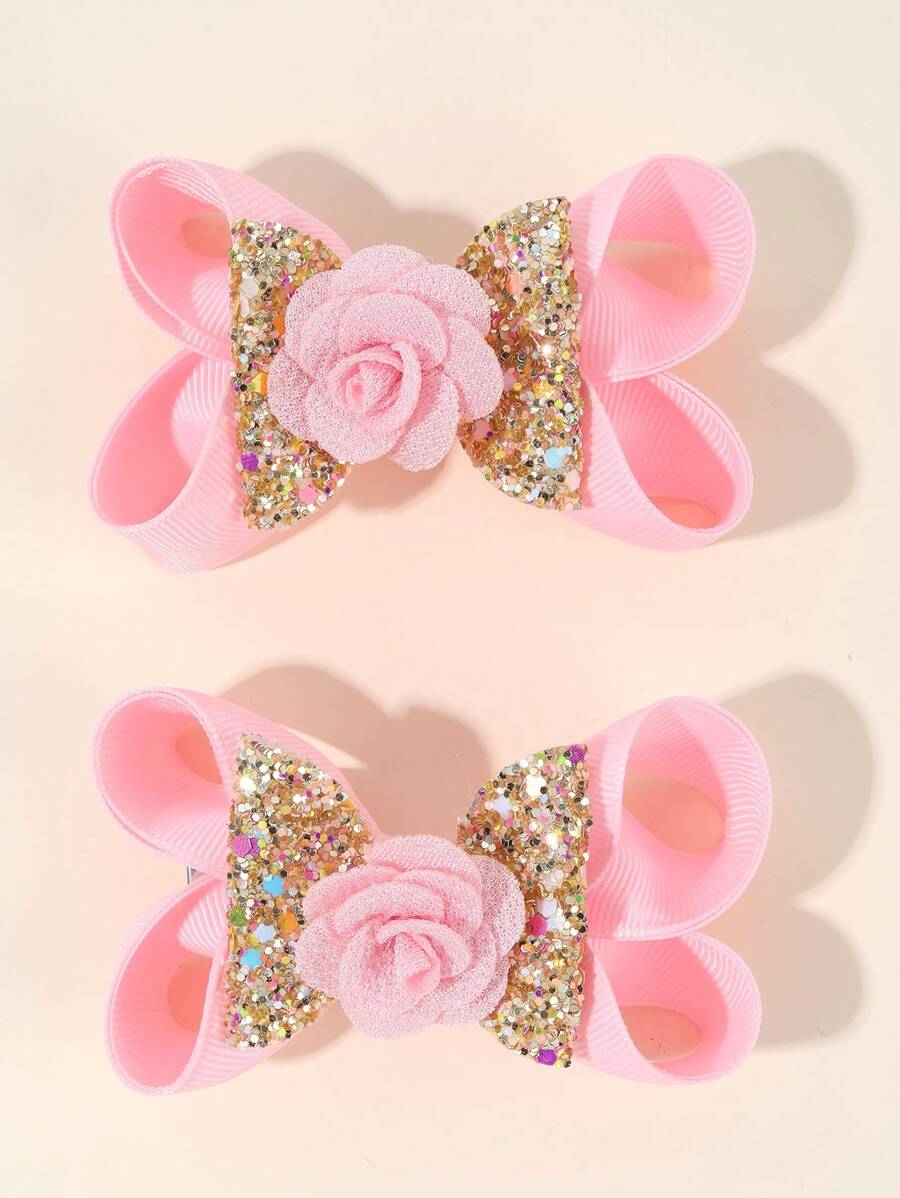2 Chiếc Nơ Tóc Màu Hồng Cho Bé Gái, Nơ Tóc Glod Lấp Lánh Cho Trẻ Em, Barrette Vải Dễ Thương, Kẹp Tóc Hình Hoa Trang Trí Cho Thanh Thiếu Niên Phụ Kiện Tóc Trẻ Em - Hồng - Xem 1