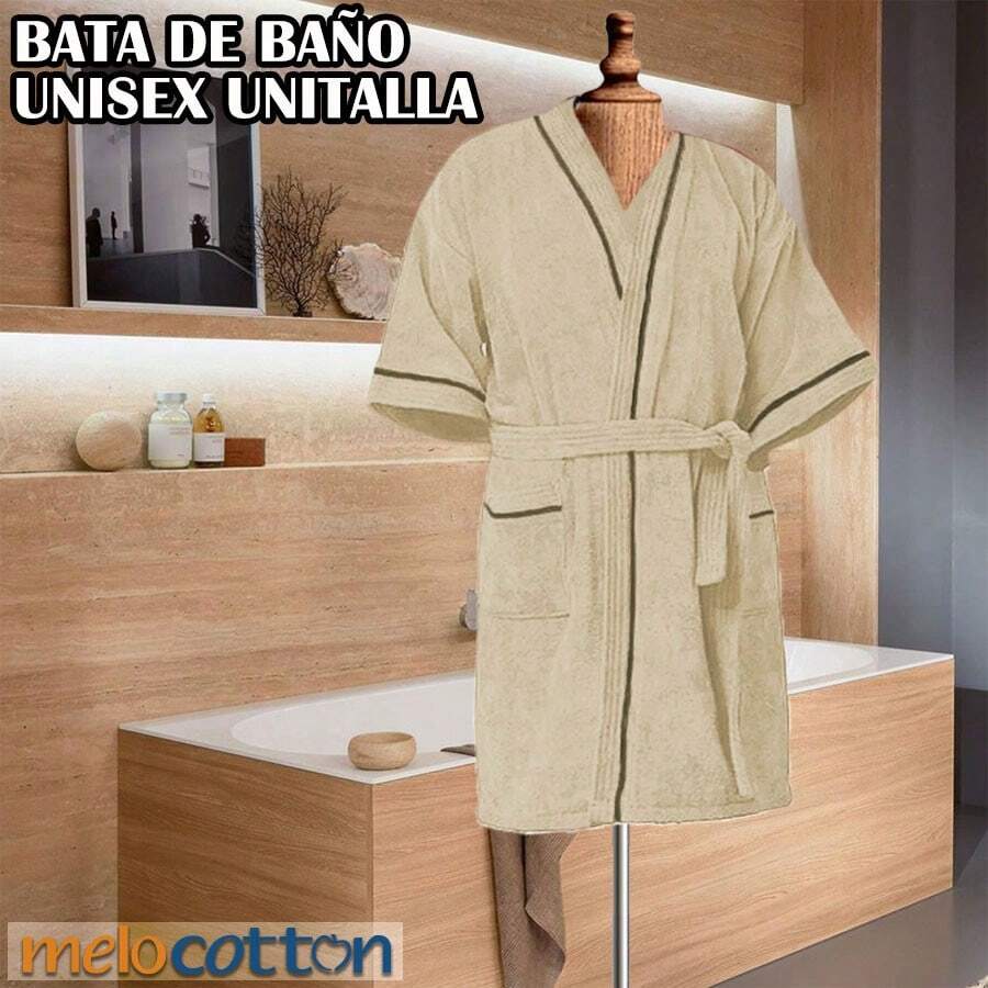 Bata De Baño 100% Algodón Absorbente, Extra Suave con Bolsillos Laterales y Cinturón - Unisex y Unitalla - Beis - Ver 1