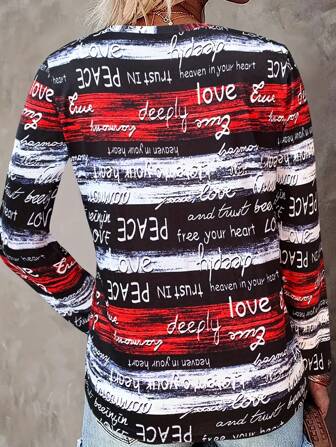 New Arrival Långärmad långärmad t-shirt för kvinnor med brevtryck för våren, Långärmad t-shirt med rund hals för damer - Randig Casual-tröja, vardagsskjorta i lös passform, baströja i bohemisk stil för kvinnor