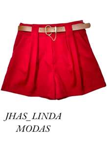 Short Plus Size Social Tailoring With Elegant Belt High Waist - Red - View 5