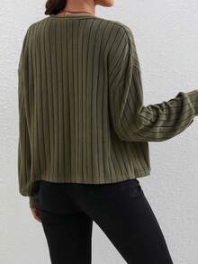 Women's Solid Color Simple Daily Vertical Stripe Long Sleeve Cardigan - Army Green - View 2