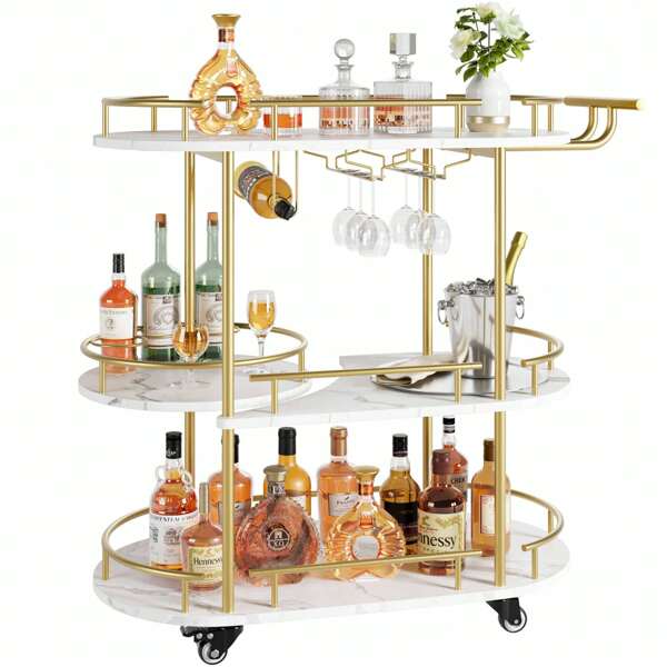 3-Tier Serving Cart Trolley With Wheels, Golden Bar Cart With Marble Textured, Industrial Vintage Style Rotating Bar Cart With Wine Rack And Glass Holder, For Kitchen, Serving, Hotel