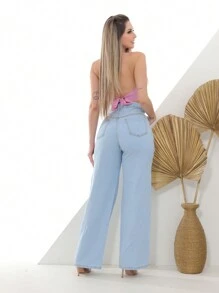 Women's Wide Leg Straight High Waist Jeans - Rửa nhẹ - Xem 2