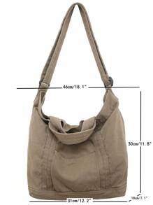 休闲复古厚水洗帆布手提包，大容量可折叠手提包，适合日常使用的单肩包，学院/大学生 - 卡其色 - 查看 2