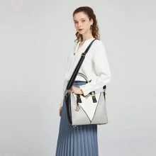 Lightweight Leather Look Medium Tote Bag V-Shape Shoulder Handbag For Women With Adjustable Strap Fashionable Satchel Purse For Work And Casual Use - 黑色 - 查看 9