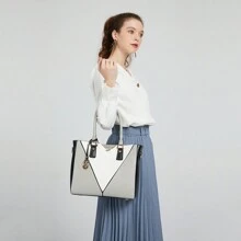 Lightweight Leather Look Medium Tote Bag V-Shape Shoulder Handbag For Women With Adjustable Strap Fashionable Satchel Purse For Work And Casual Use - 黑色 - 查看 8