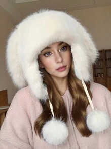 1pc Women's Fluffy Rabbit Fur Ear Protection Bomber Hat, Warm Thickened Windproof Trapper Hat For Winter - Multicolor - View 11
