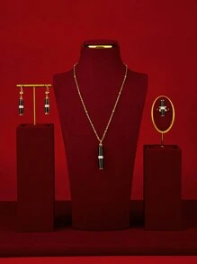 1 set Conjunto de joyas de alta gama de cobre vintage exagerado y elegante, incluye collar, anillo, aretes, adecuado para mujeres en ocasiones de ocio, fiesta, diario, regalos de Navidad y vacaciones - Dorado - Ver 3
