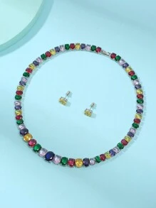 1 套/3 件欧洲时尚锆石项链和耳环套装，优雅珠宝套装，适合女士婚礼/派对