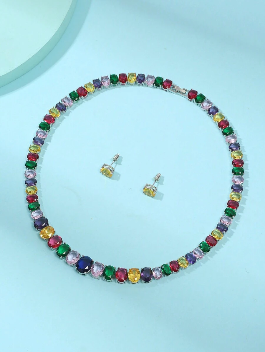 1 套/3 件欧洲时尚锆石项链和耳环套装，优雅珠宝套装，适合女士婚礼/派对