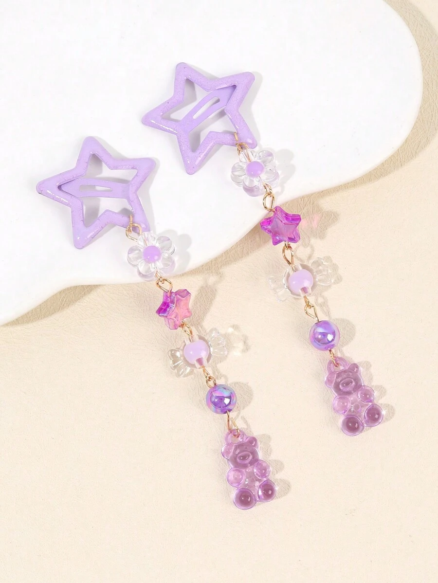 2个Y2K紫色五芒星小熊糖果装饰发夹，学院风奇幻仙女风，适合送朋友，头部饰品，女士发饰