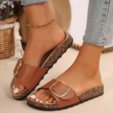 Summer Beach Essentials , Big Buckle Sandals Women - Stylish And Comfortable Women's Sandals Women's Slide Sandals With Memory Cork Footbeds. - Brown - View 5