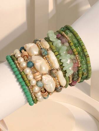 13pcs/Set Bohemian Style Beaded Layered Bracelets, Colorful Charm Beach Summer Jewelry For Women