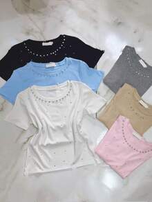 Women's Cropped Ribbed Cotton Blouse With Stones FL-D100 - 米色 - 查看 2