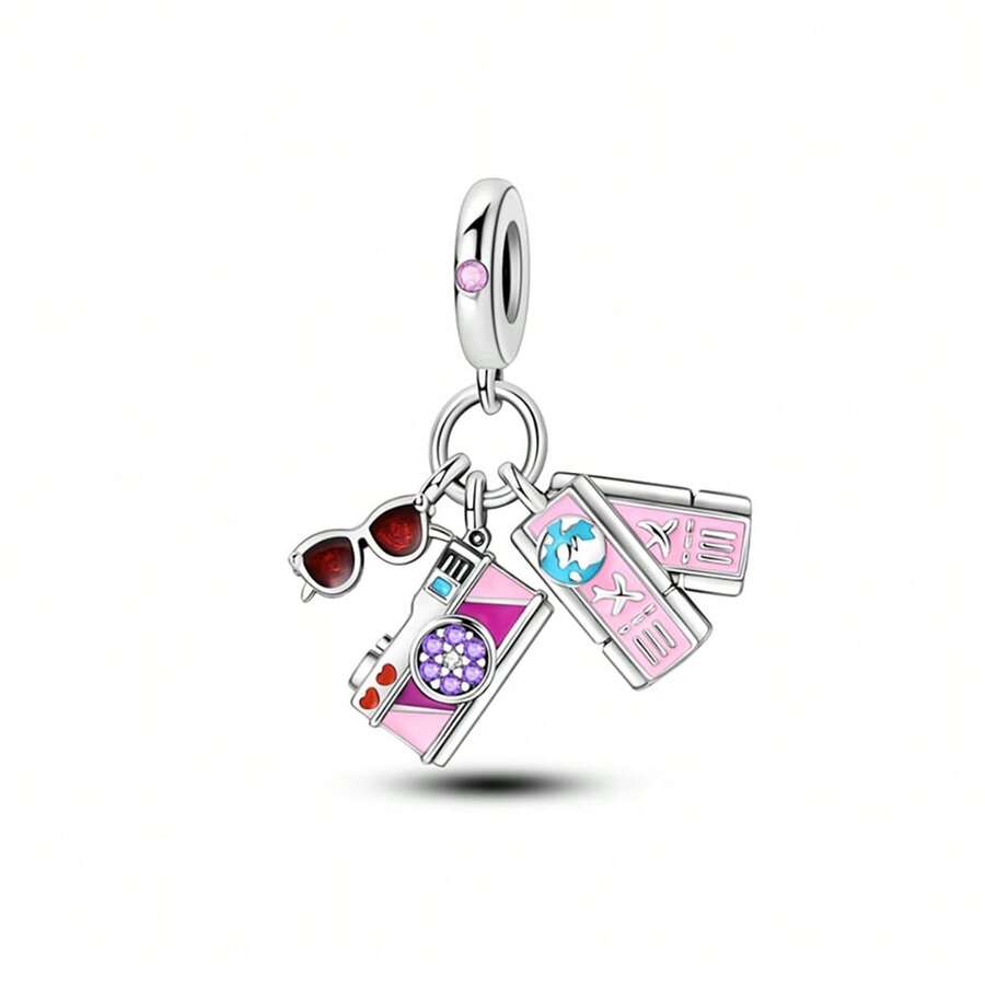Mạ Bạc Charm Kính Mát Màu Đỏ Và Hồng Camera Vé Máy Bay Series Hạt Charm Thích Hợp Cho DIY Vòng Tay Nữ Mặt Dây Chuyền - mặt dây chuyền - Xem 1