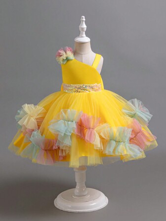 Young Girl Flower Asymmetrical Neck Sequins Mesh Luxurious Princess Party Dress