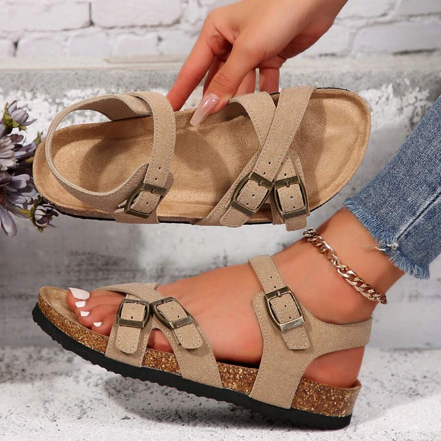 Womens Comfortable Strappy Slip-On Modern Memory Foam Cushion Footbed Outdoor Adjustable Buckle Cork Footbed Slides For Sandals