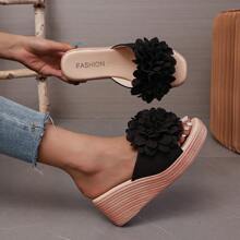 Sandalias de playa con decoración floral, suela de cuerda de lino sintético para mujer. Zapatos de plataforma y cuña negros de moda casual, para todas las estaciones - Negro - Ver 3