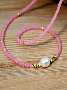 Verspieltes Süßwasserperlen Halskette, Boho-Chic Pulver Rosa Kristall Perlen Choker, mehrstufige Schlüsselbein-Kette Schmuck