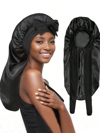 1 件女士粉色弹力绑带长缎丝绸帽发帽卷发包睡帽适合长发或短发、辫子、脏辫、卷发丝绸帽缎面帽蝴蝶结万圣节