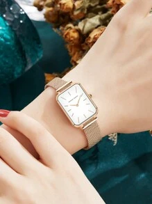 HANNAH MARTIN 1 Đồng hồ vuông thời trang 34mm vàng hồng & bạc & vàng & đen phong cách tối giản nhập khẩu Nhật Bản chính hãng dây đeo lưới thép không gỉ đồng hồ đeo tay thường ngày cho nữ - trắng - Xem 5