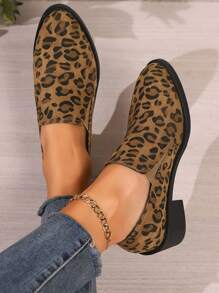 Pointed Toe Leopard Print Women Casual Chunky Heel Slip-On Loafers - Brown - View 5
