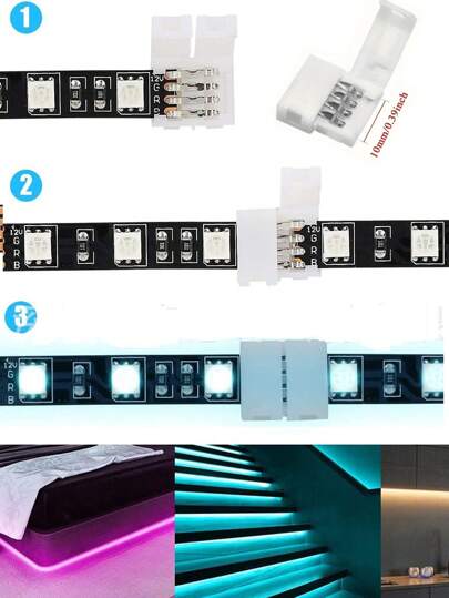 10个RGB LED灯条连接器，4针LED灯条连接器，LED灯条快速连接器，LED绳夹连接器，免焊接无缝适配器延长线，适用于10mm宽SMD 5050多色LED灯条
