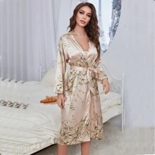 Mujer-Sexy de Seda Hielo,1 pieza  impresa para Bata con estampado floral de satén Pijamas para con cinturón en la cintura - Champán - Ver 5