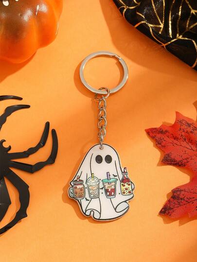 1pc Halloween White Ghost Keychain, Acrylic Ghost & Bubble Tea Combo Pendant, Cute For Friends Christmas Gift Ideas Bag Accessories Lanyards With Id Holder Car Accessories Bag Charms