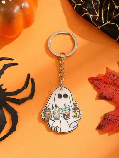 1pc Halloween White Ghost Keychain, Acrylic Ghost & Bubble Tea Combo Pendant, Cute For Friends Christmas Gift Ideas Bag Accessories Lanyards With Id Holder Car Accessories Bag Charms
