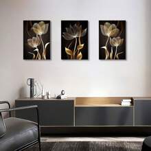3pcs/Set Gallery Framed Abstract Black And Golden Flower Plant Canvas Painting Floral Botanical Art Poster Print Luxury Style Minimalist Wall Picture For Modern Living Room Bedroom Home Decoration Ready To Hang Pictures Gifts - Black - View 4
