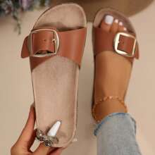 Summer Beach Essentials , Big Buckle Sandals Women - Stylish And Comfortable Women's Sandals Women's Slide Sandals With Memory Cork Footbeds. - Brown - View 2