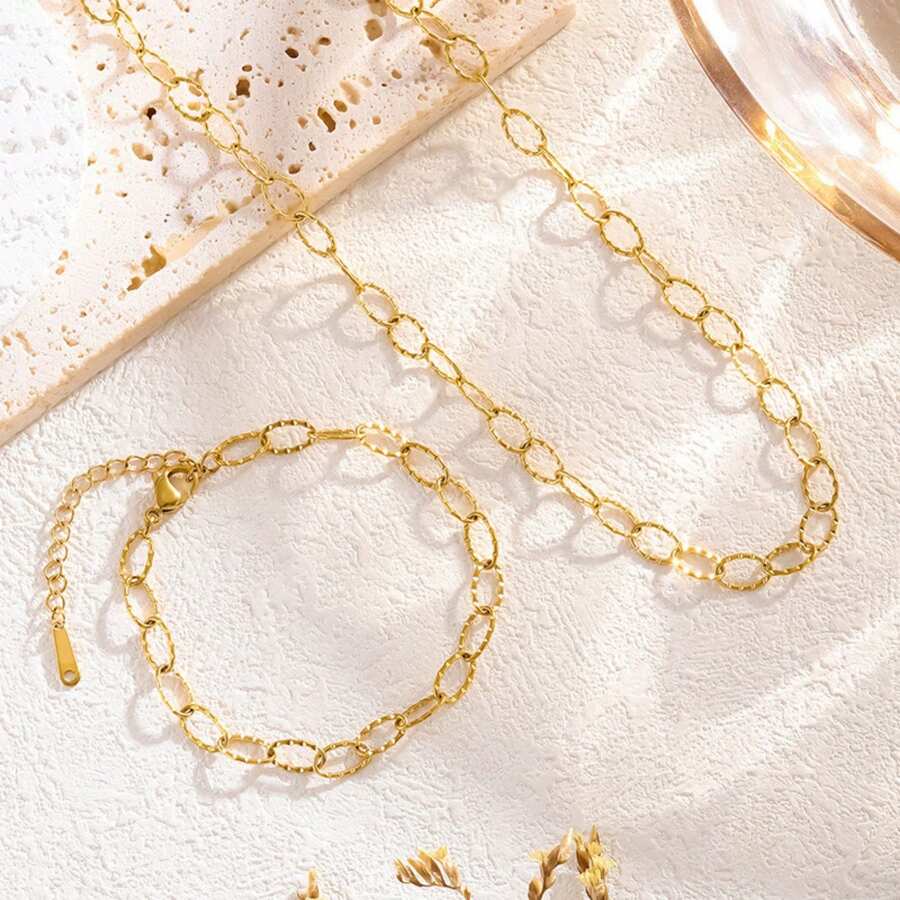 SET 2 PIECE Women's Embossed Necklace And Bracelet 2024 New 18K Gold Light Luxury Niche Simple Design Titanium Steel Adjustable Fine Chain - Gold - View 1