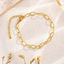 SET 2 PIECE Women's Embossed Necklace And Bracelet 2024 New 18K Gold Light Luxury Niche Simple Design Titanium Steel Adjustable Fine Chain - Gold - View 5
