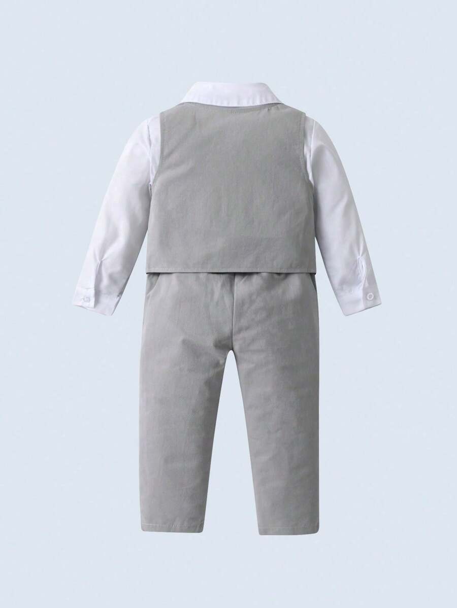 BOARNSEORL 3 件套男婴绅士西装套装：长袖衬衫、背心和裤子，时尚正式服装，适合生日派对、婚礼、宴会、洗礼 - 灰色 - 查看 1