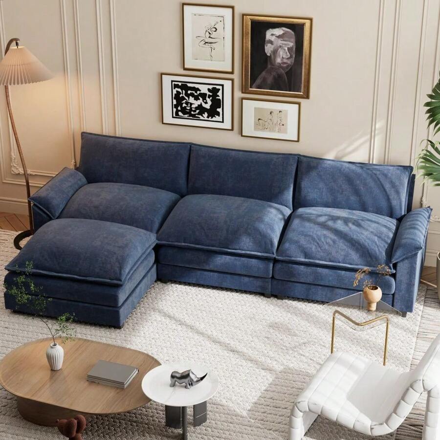 Sectional Sofa 3-Seat Movable Footrest Sofa L-Shaped Sofa With Reversible Toffee Chair - Blue - View 1