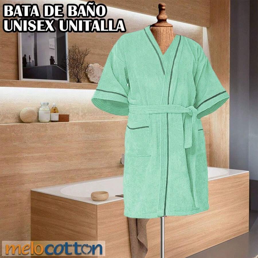 Bata De Baño 100% Algodón Absorbente, Extra Suave con Bolsillos Laterales y Cinturón   - Unisex y Unitalla - verde menta - Ver 1