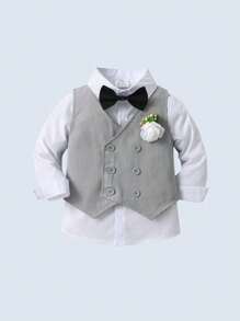 BOARNSEORL 3 件套男婴绅士西装套装：长袖衬衫、背心和裤子，时尚正式服装，适合生日派对、婚礼、宴会、洗礼 - 灰色 - 查看 3